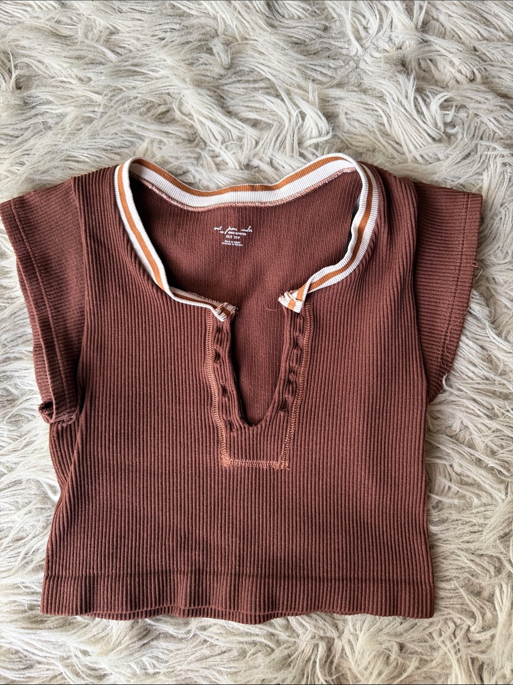 Urban Outfitters Ribbed Crop Top in Brown with Striped Collar